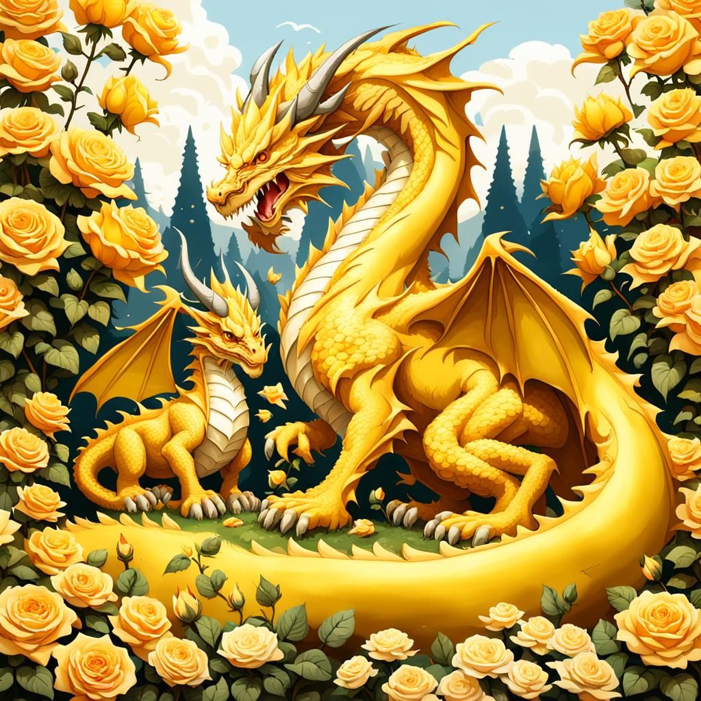 Yellow Dragon and Baby in Gnome Garden