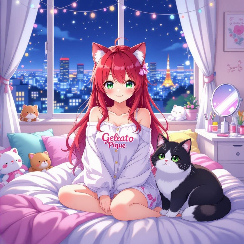 Anime Nekomimi Girl in Shibuya Bedroom, Makoto Shinkai Style
