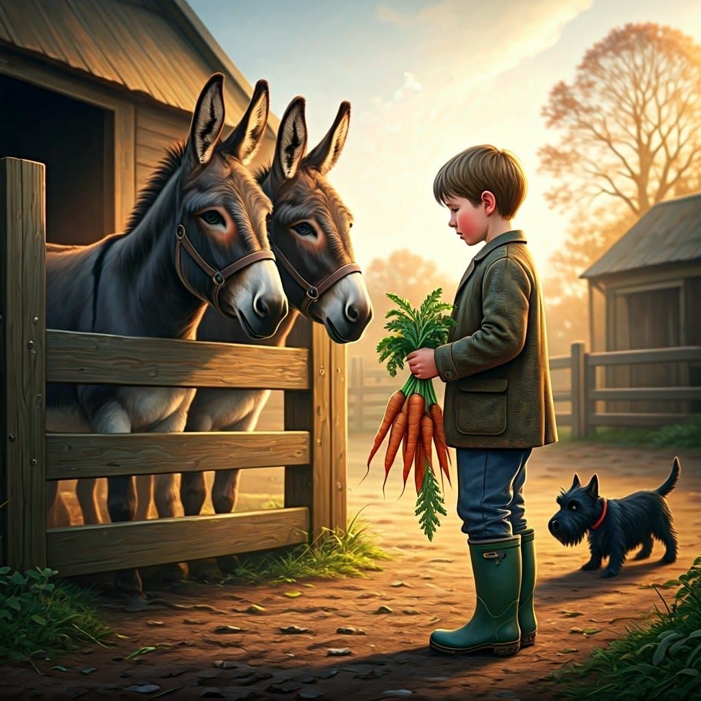 Donkeys and Boy Share Morning Carrots in Rural English Count...
