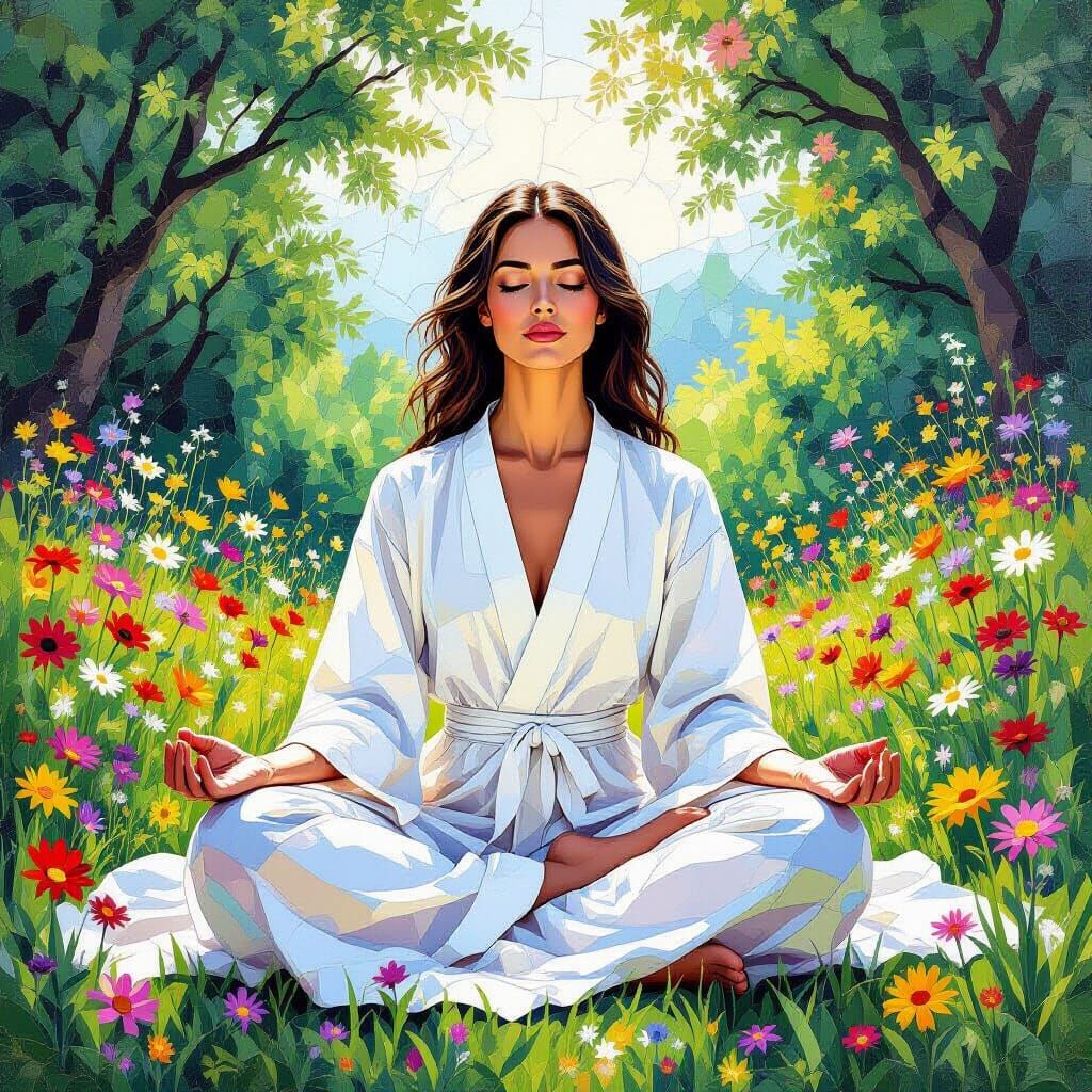 Woman Meditating in Serene Mosaic Art Style