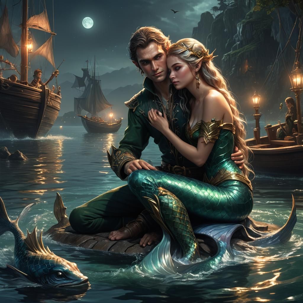 Enchanted Elf and Mermaid Embrace at Night