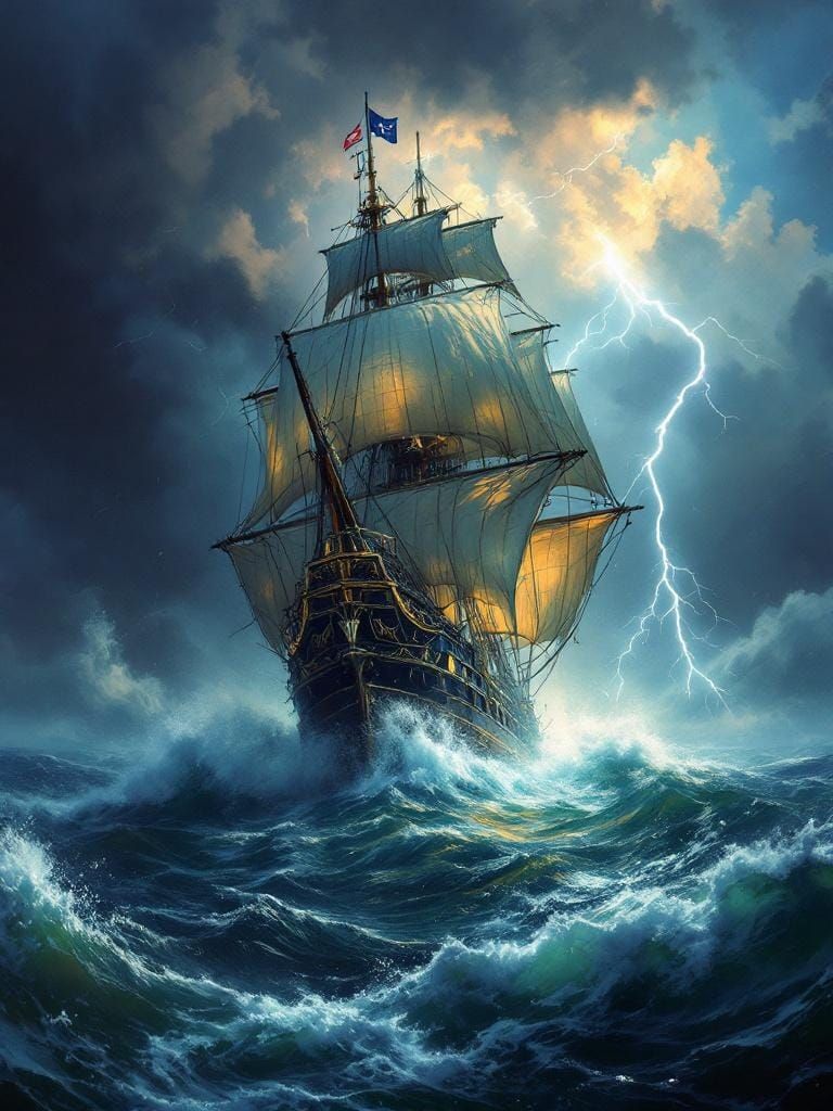 Galleon Sails Stormy Sea in Classic Maritime Painting Style