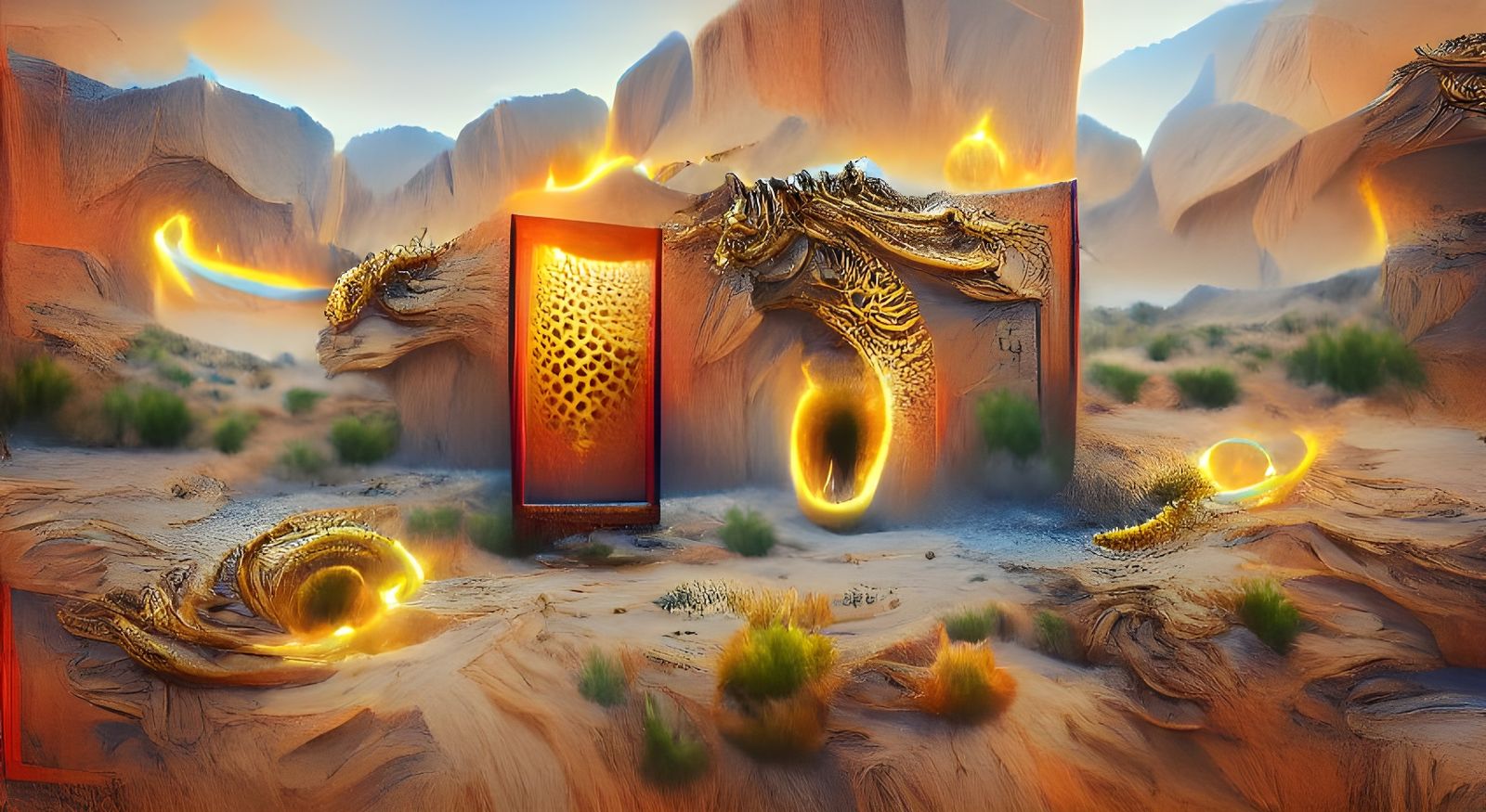 Flaming Dragon Scale Portal in Desert Landscape