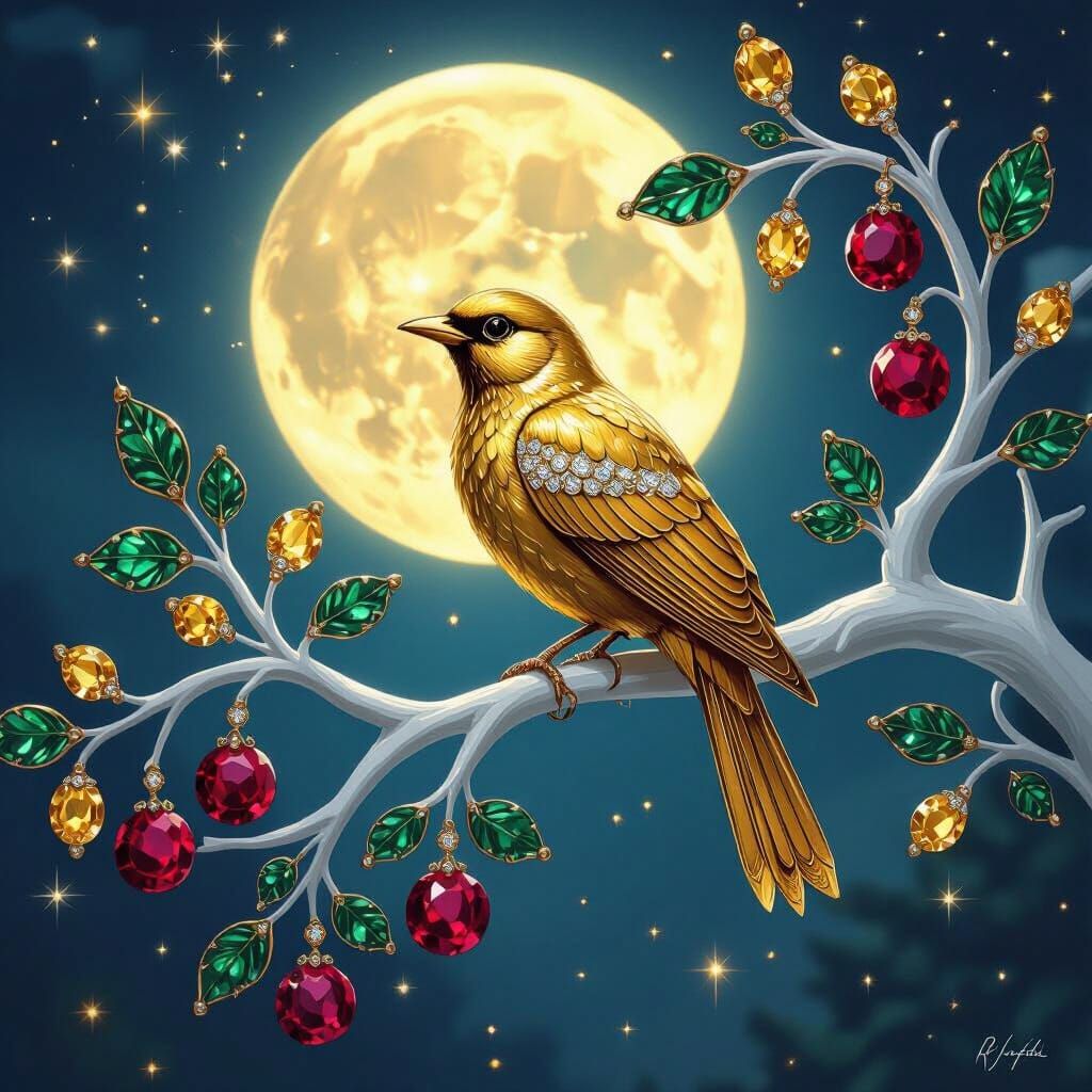 Golden Bird on Jeweled Branch Under Full Moon