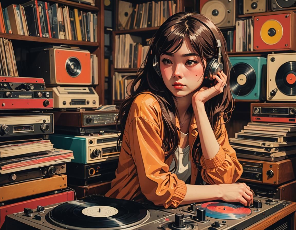 Woman with Record Player in Anime Style
