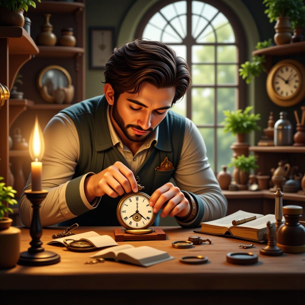 Cartoon Clockmaker's Tiny Workshop in 2D Vintage Style