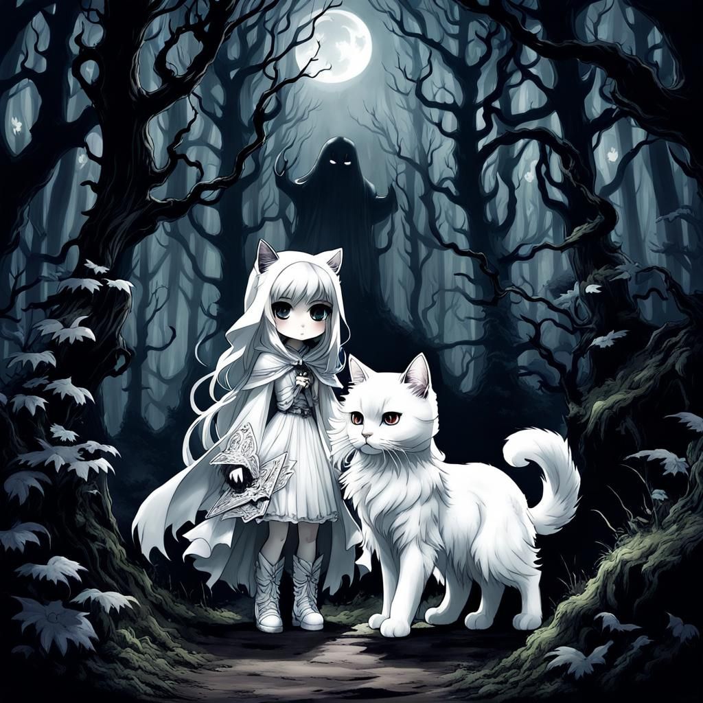 Chibi Ghosts Face Dark Forest in Anime Style
