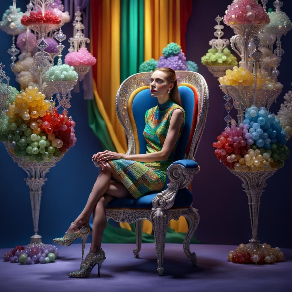 Model in Crystal Chair with Rainbow Hues