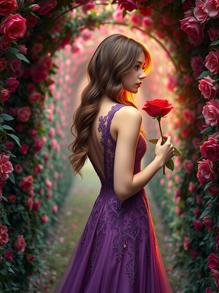 Girl in Purple Gown with Rose, Art Nouveau Portrait