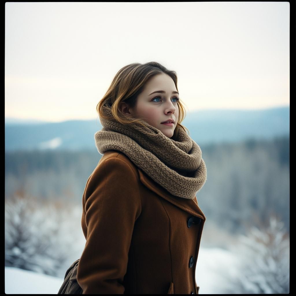 Contemplative Emma in Winter Landscape, Cinematic Film
