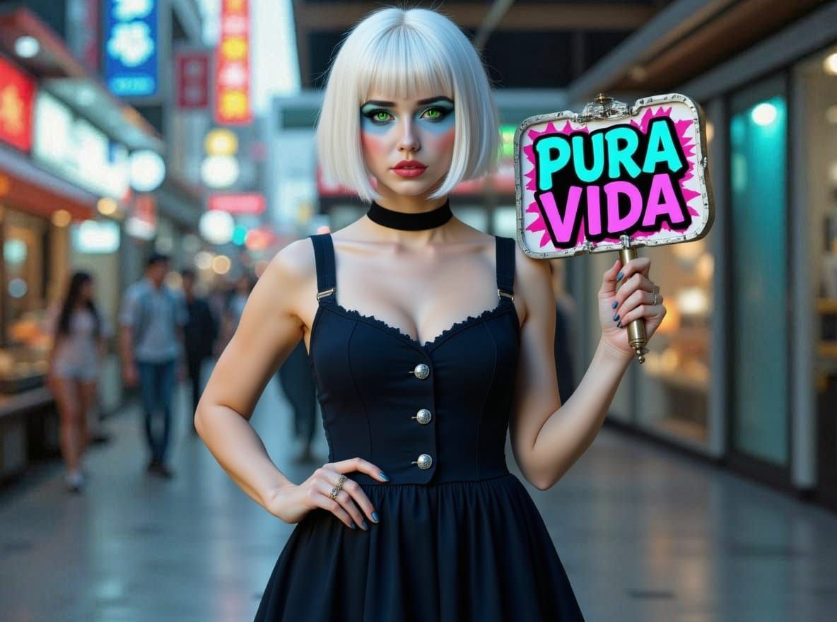 Punk Girl with Neon Makeup Holding "PURA VIDA" Sign