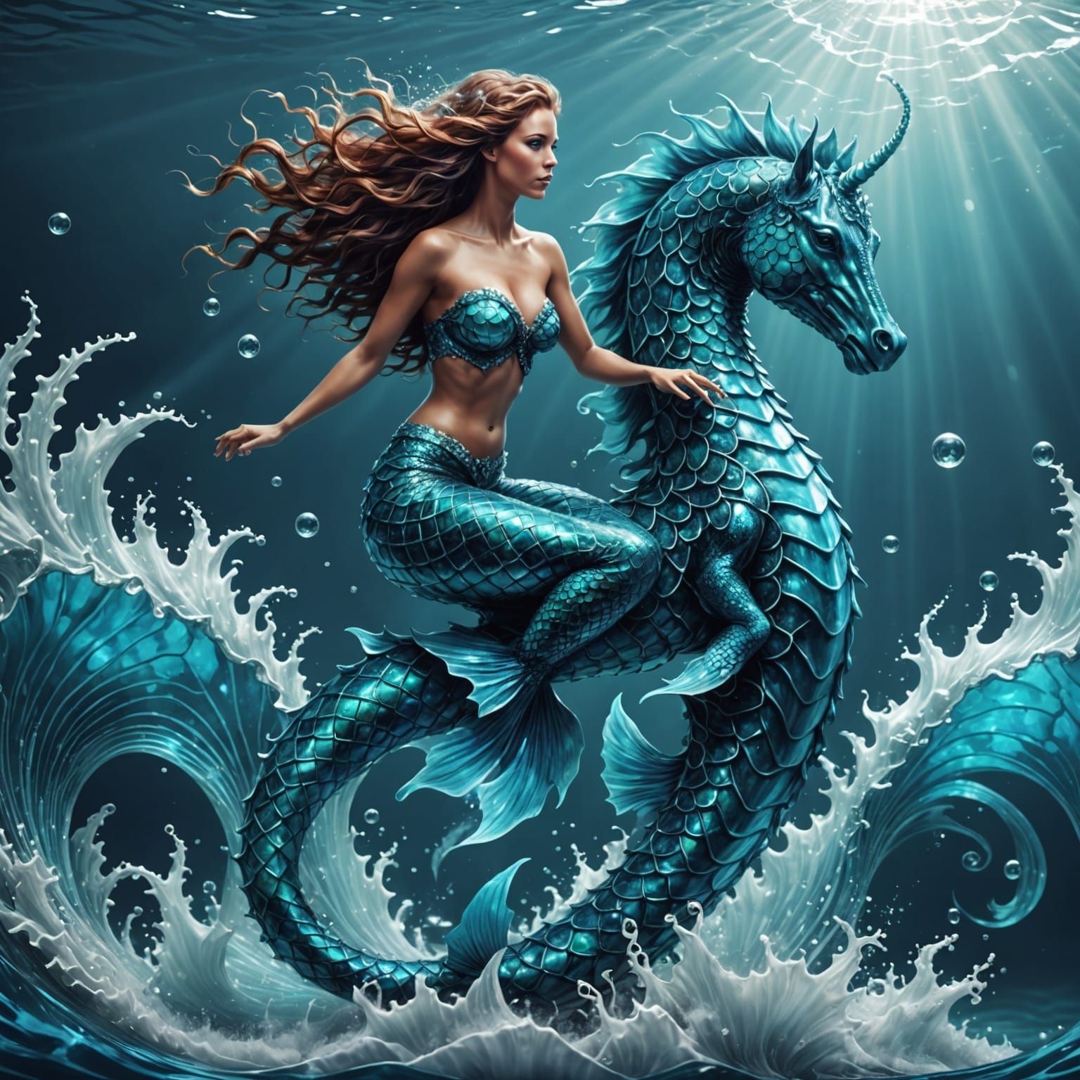 Enchanted Mermaid Rides Sea Horse Amidst Stormy Underwater S...