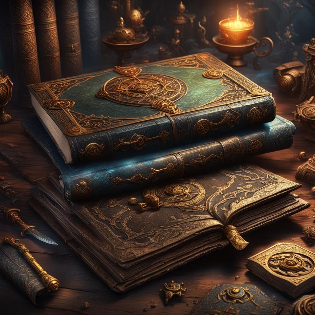 Mysterious Book Cover with Weapons: Fantasy Concept Art