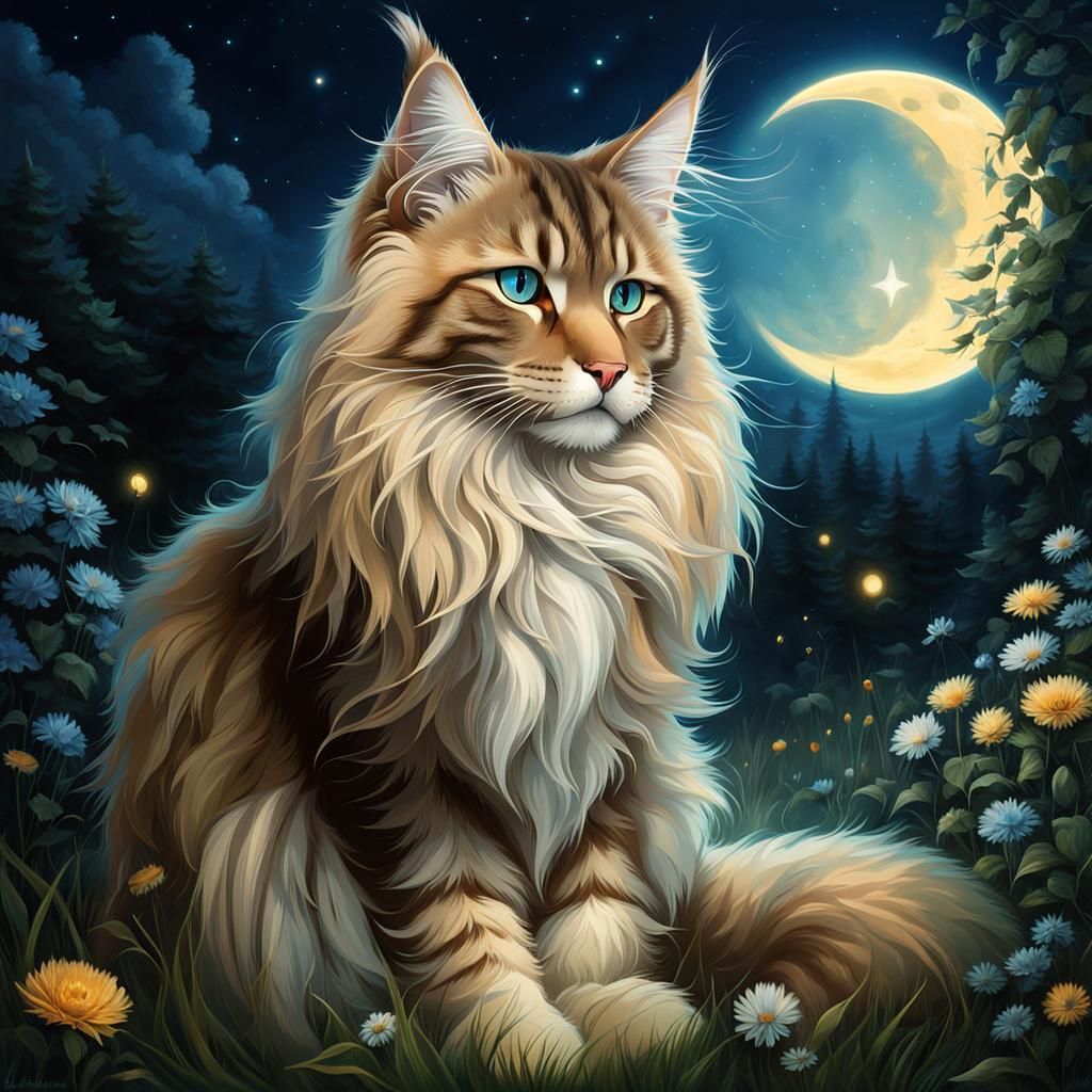 Maine Coon Gazing at Moon, Mystical Art