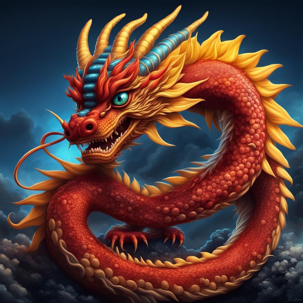 Red Chinese Dragon with Sushi, Digital Matte Painting