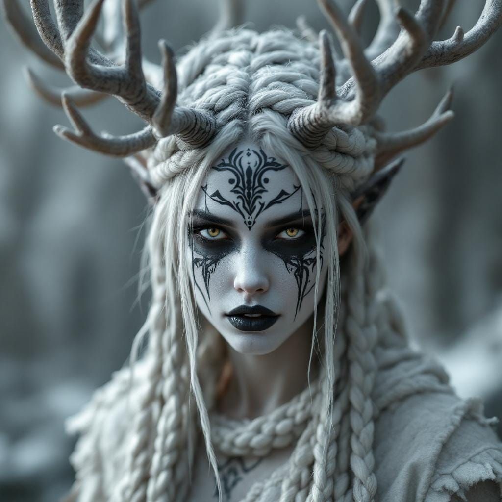 Mysterious Shaman with Antlers in Photorealistic Style