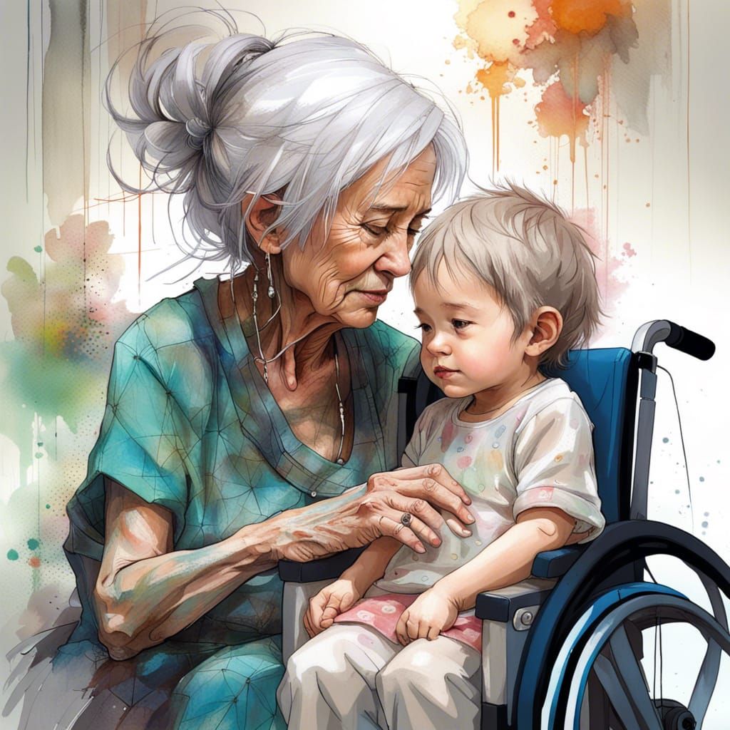 Touching Portrait of Toddler and Woman in Manga Style