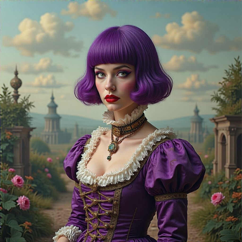 Vibrant Purple Haired Woman in Surreal 18th Century Landscap...