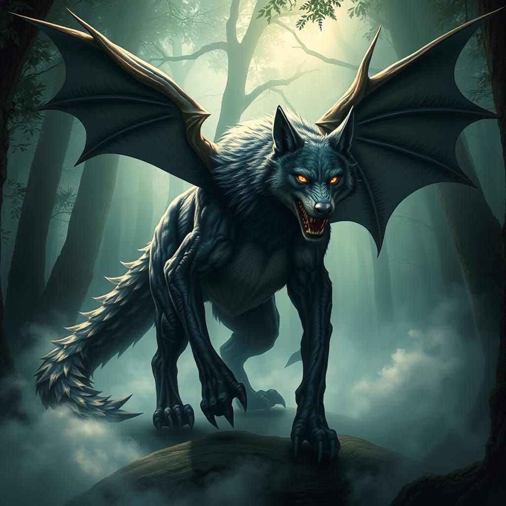 Wolf Dragon Hybrid Emerges from Misty Forest Shadows