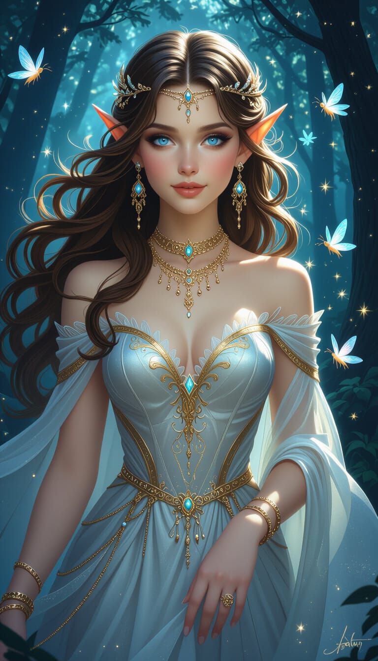 Elf Woman in Nocturnal Forest with Pixies