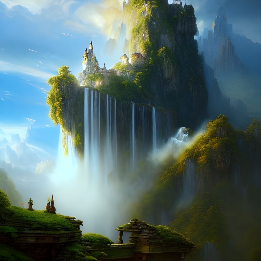Castle in the Sky Landscape with Waterfalls