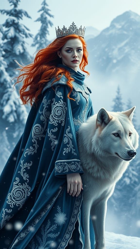 Regal Redhead Snow Queen with a Majestic Wolf in a Frozen La...