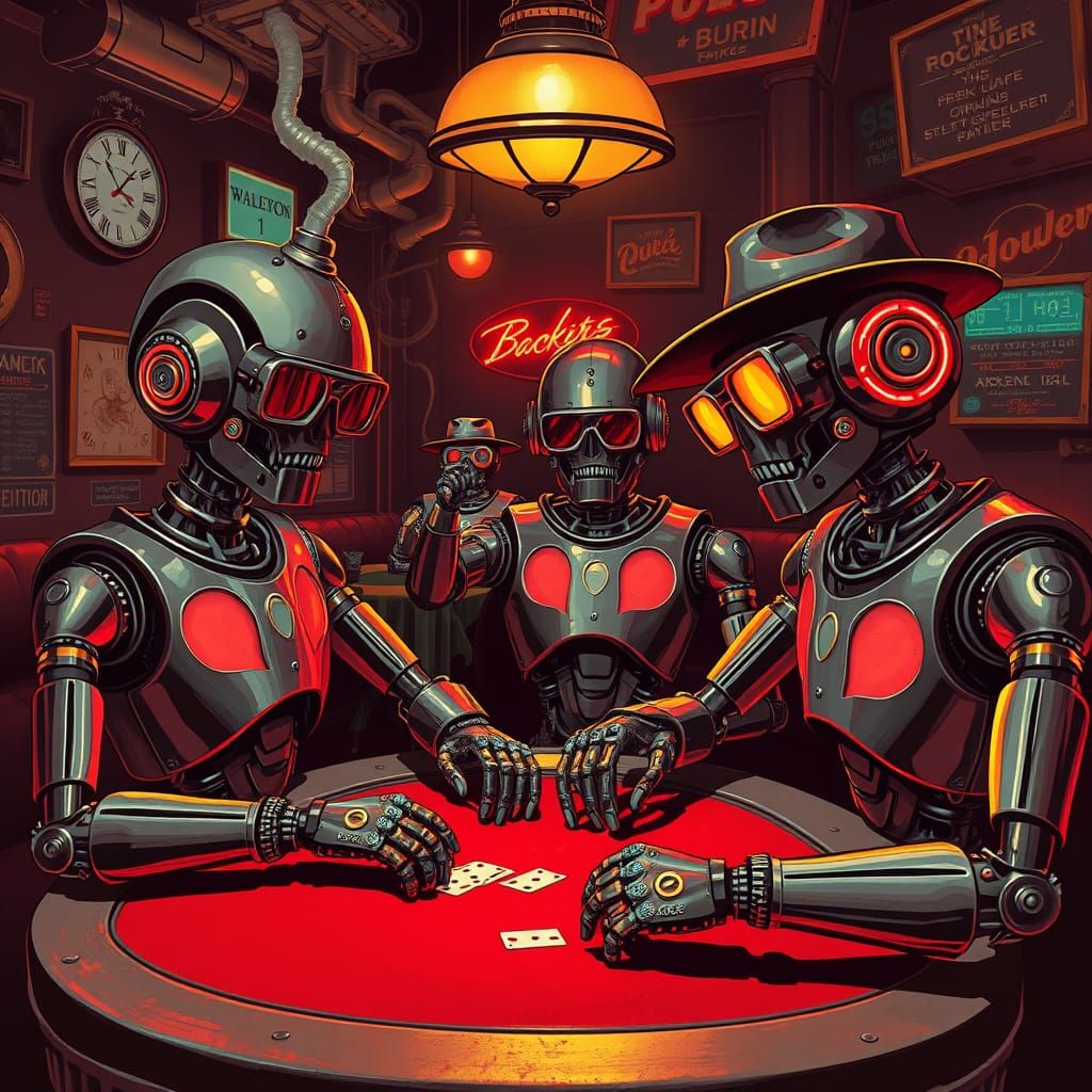 Retro Robots Play Poker in Smoky Backroom