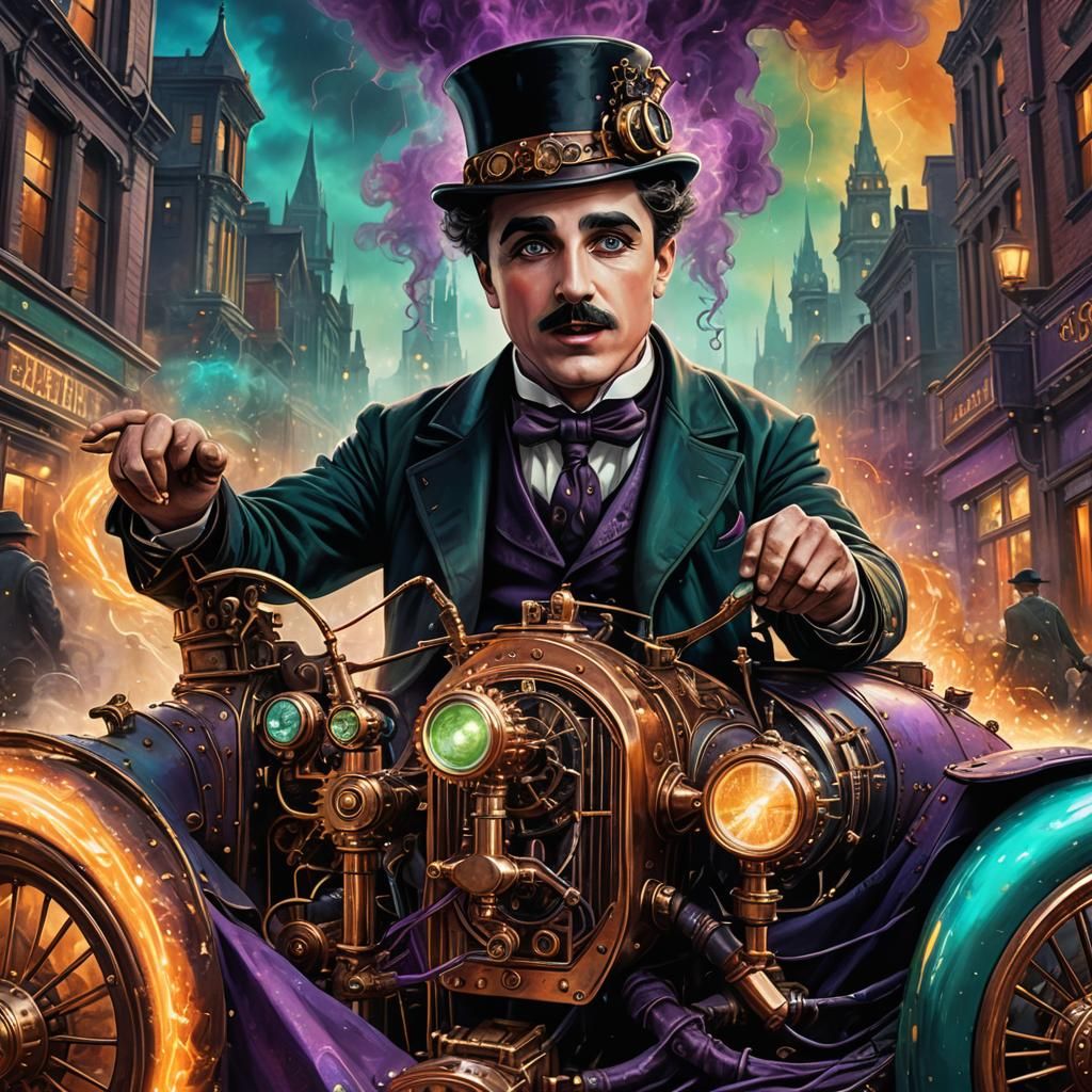 Steampunk Charlie Chaplin Driving Tesla in Dream City