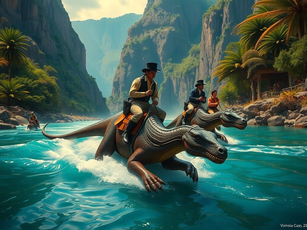Plesiosaur Race on a Tropical River, Baroque Style