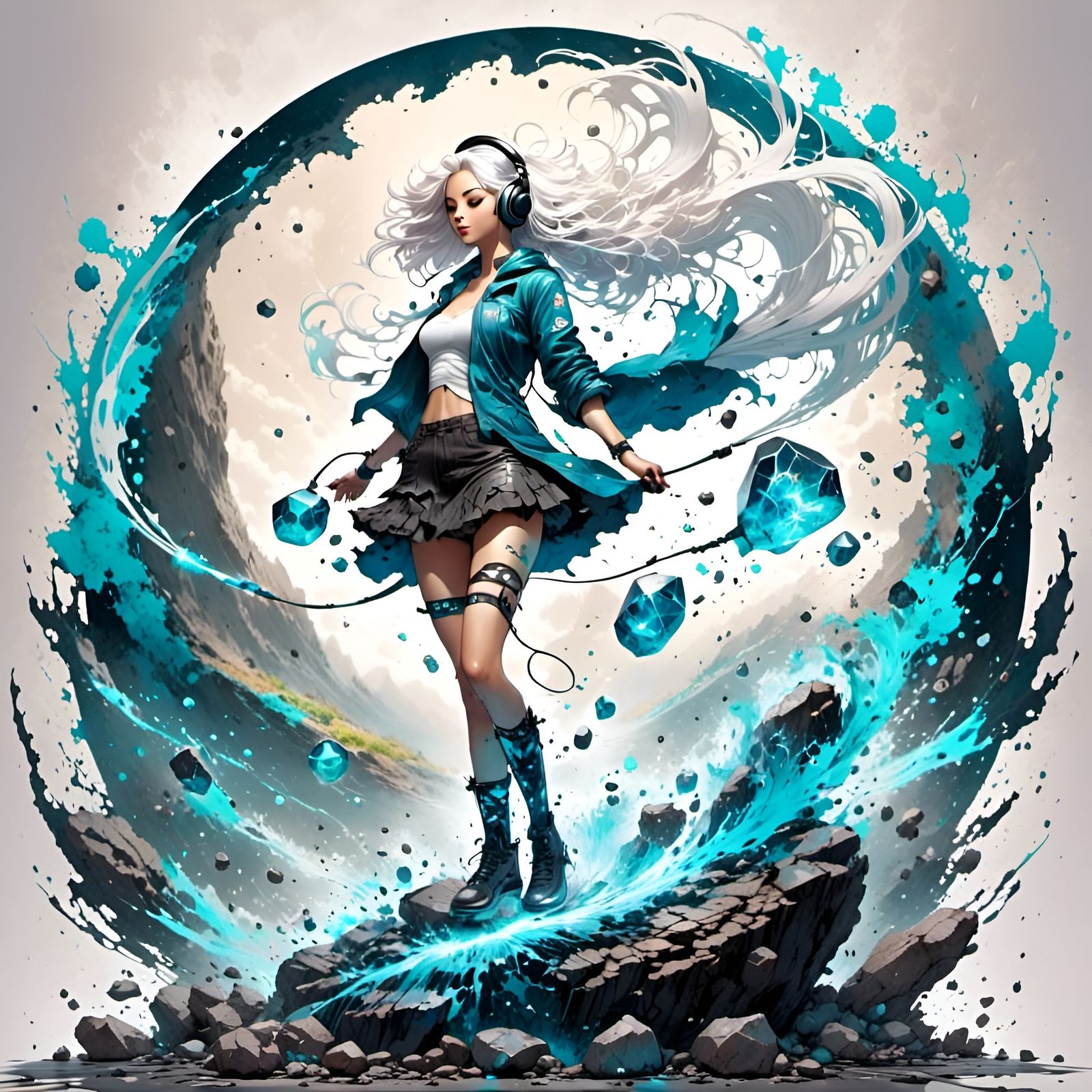 Synthwave Girl Portrait with Luminous Ornament Linework