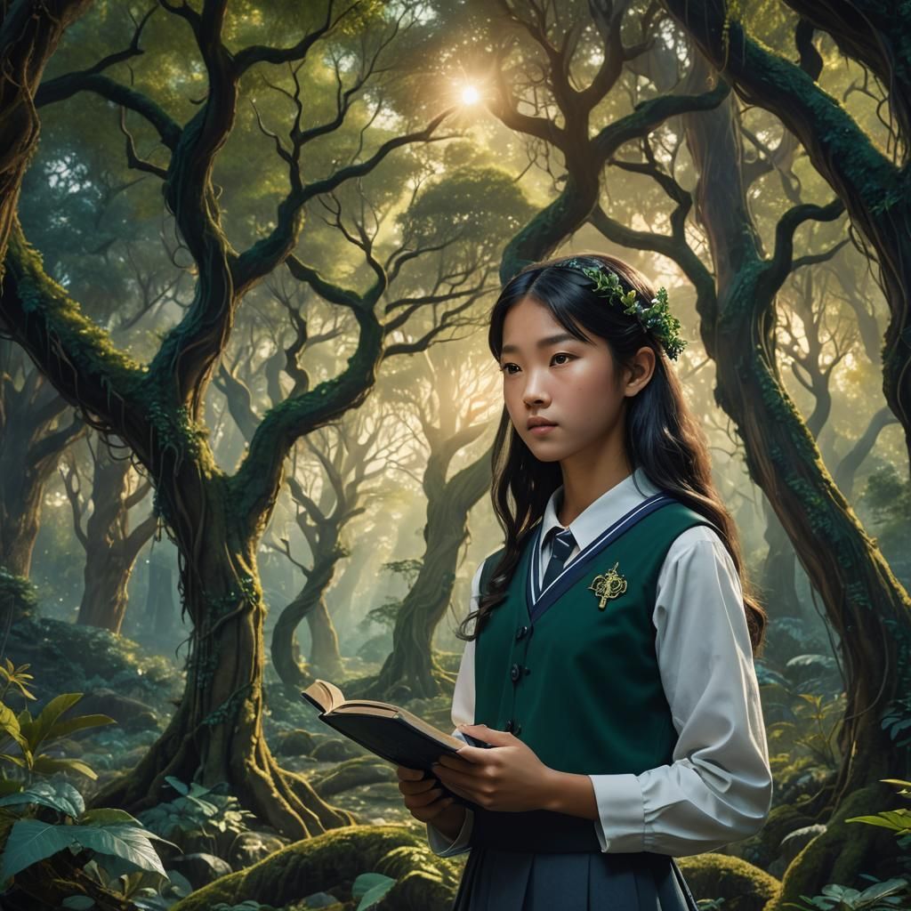 Mystical Forest Girl in Emerald and Sapphire Hues