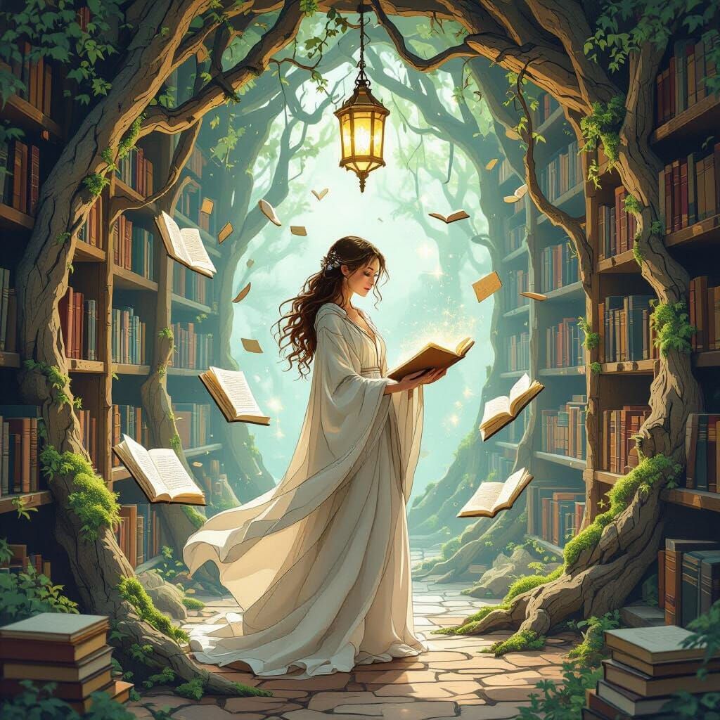 Serene Woman in Mystical Floating Book Library