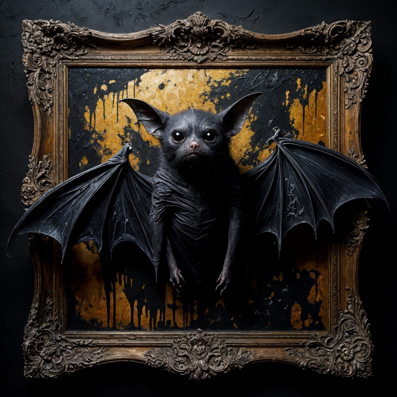 painting on an easel, a pitch black gothic vampire bat paint...