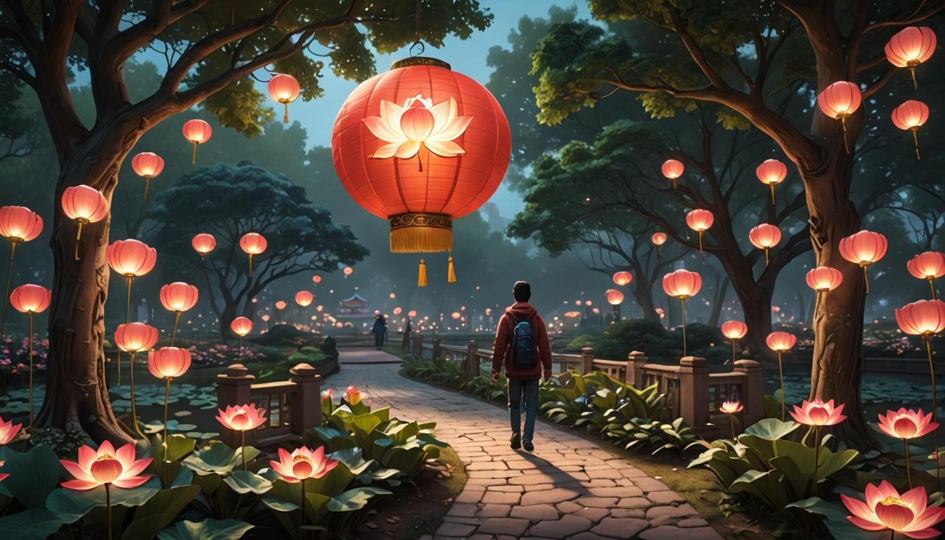 Lotus Lantern Illuminates Park Path in Hyperrealism