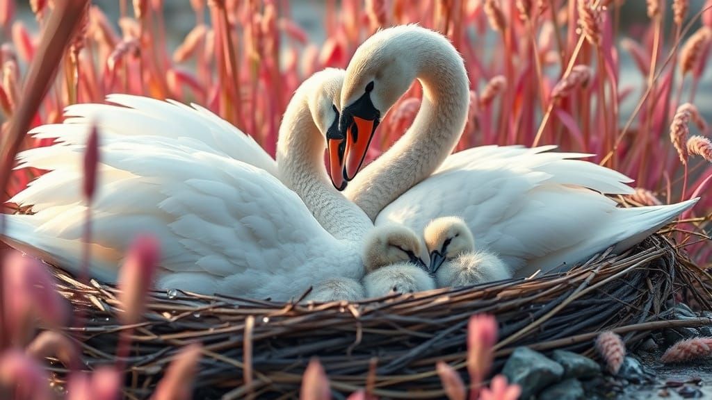 Swan Family in Pampas Grass, Photorealistic Style