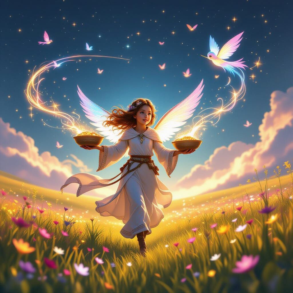 Child Feeding Sky Creatures in a Fantasy Meadow