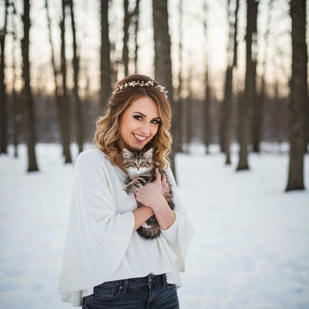 Woman with Kitten in Snowy Winter Landscape