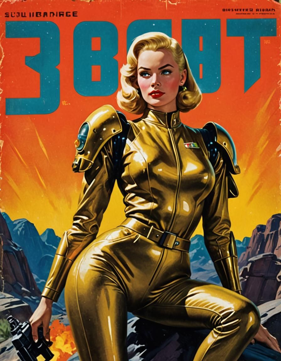Retro Sci-Fi Cover: Blonde Adventurer on Alien Planet