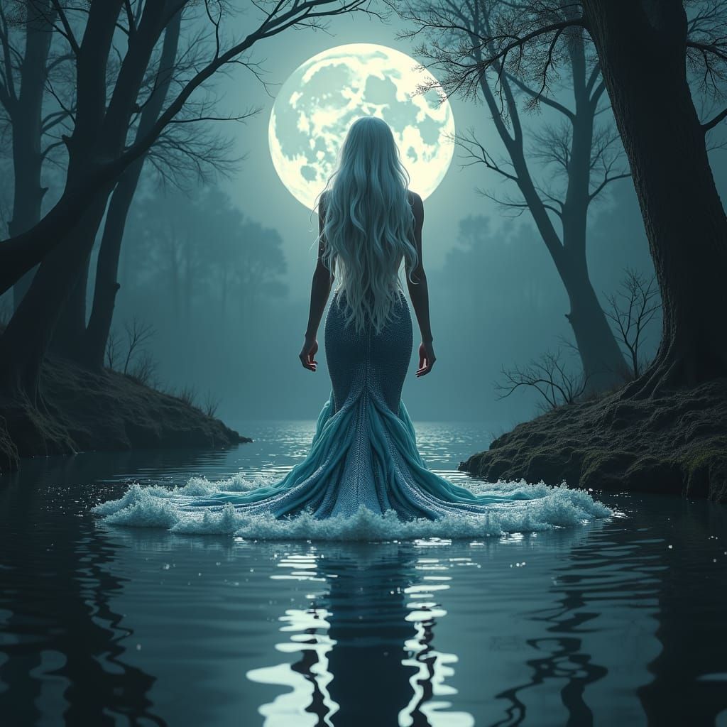 Gothic Mermaid Singing by a Moonlit Pond