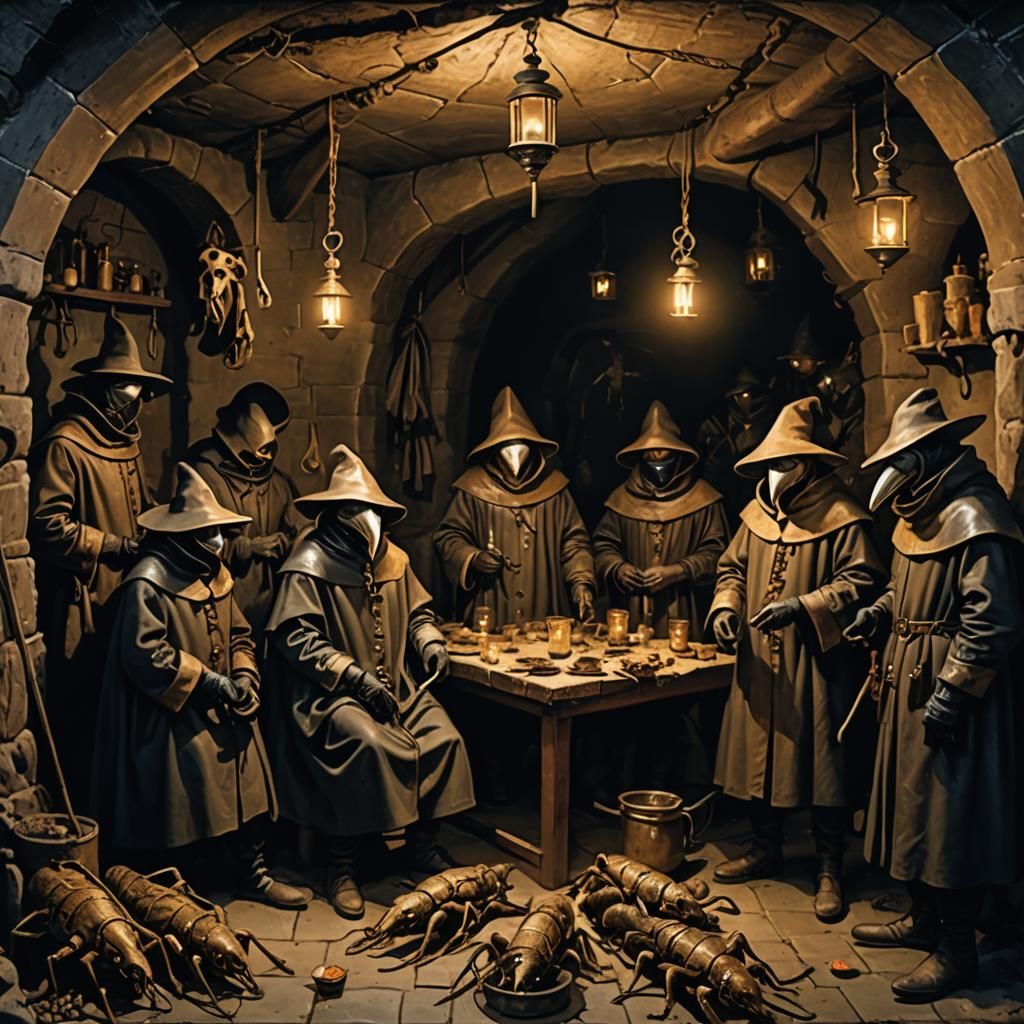 Plague Doctors Treating Patients in Candlelit Cave