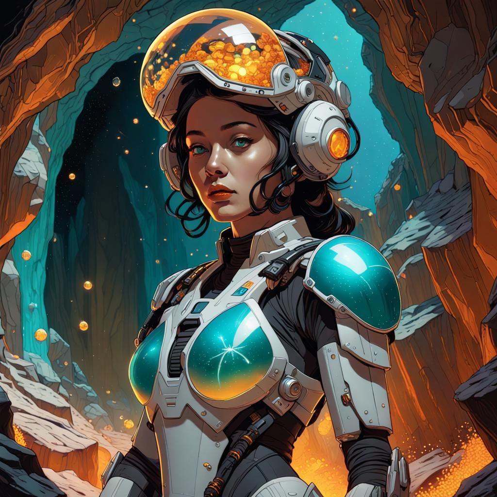 Futuristic Explorer in Crystalline Cave