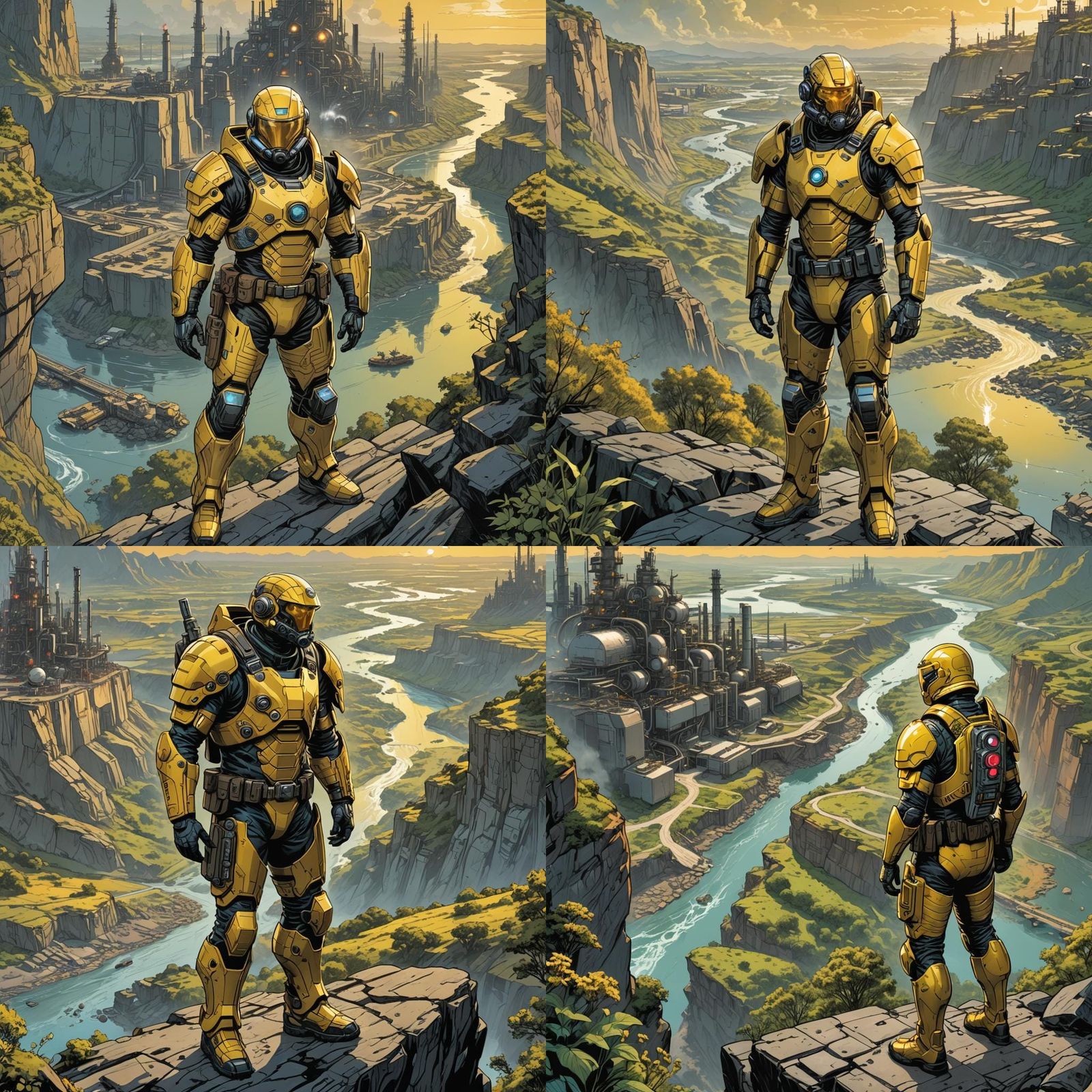 Sci-Fi Armored Figure Overlooking Distant Refinery: Comic Bo...