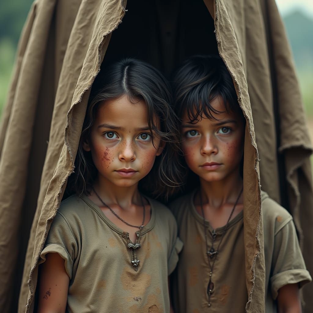 Children Hidden Under Cloak in Gritty Fantasy Style