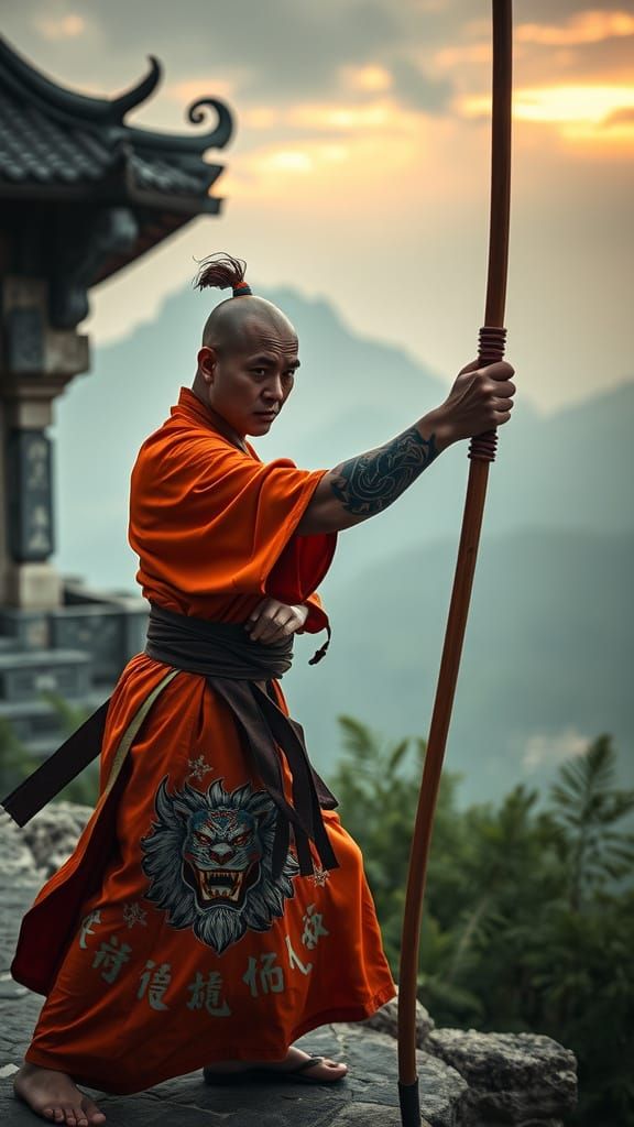 Epic Shaolin Monk with Lion Tattoos