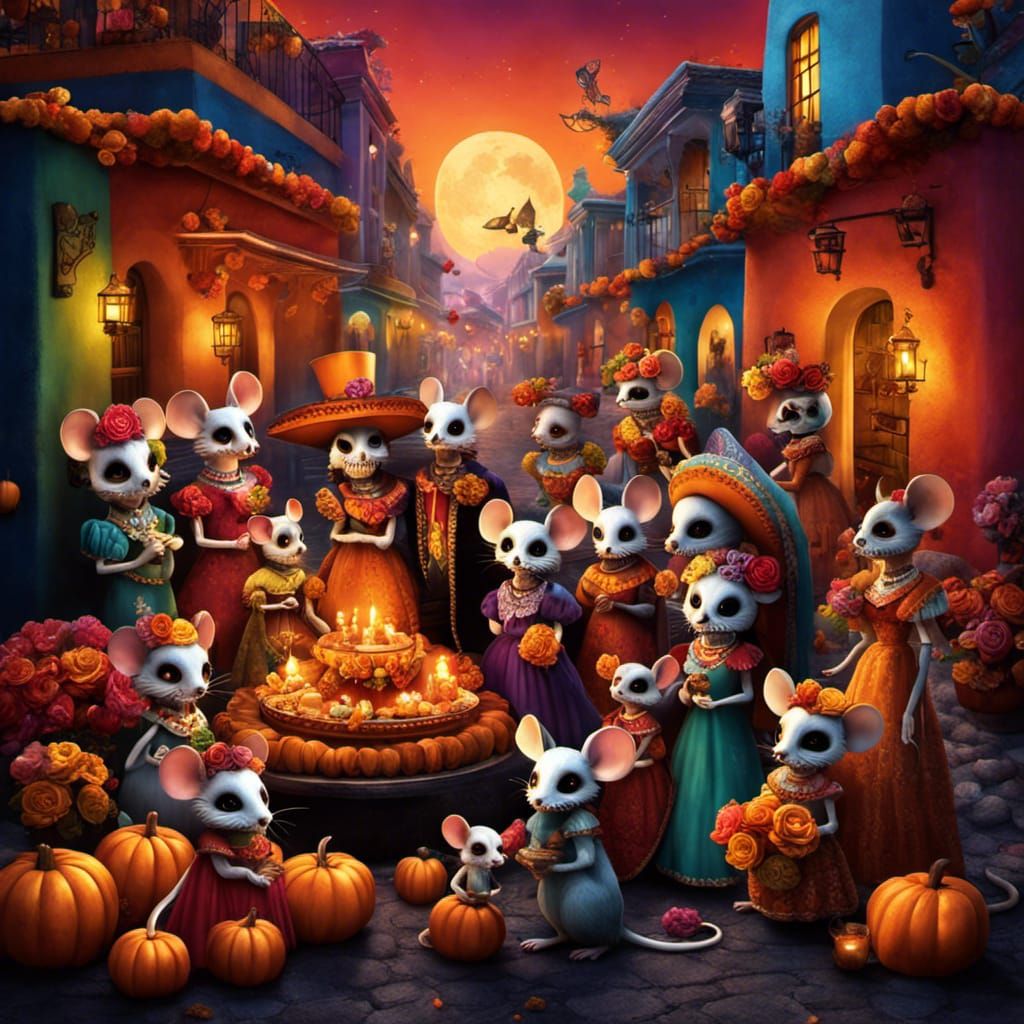 A large, extended family of extremely cute mice celebrating Día de los Muertos
