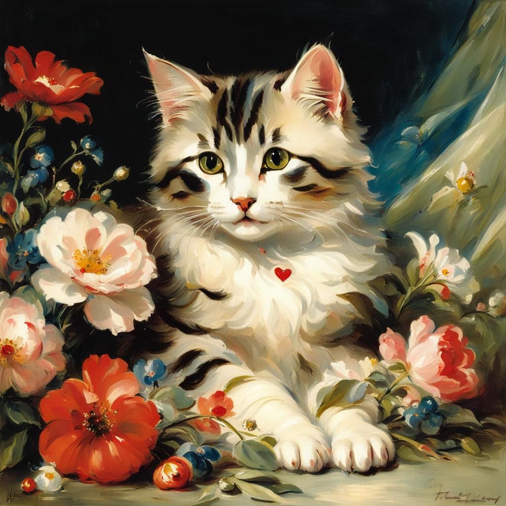Cute Cat Surrounded by Flowers, Romanticism Style