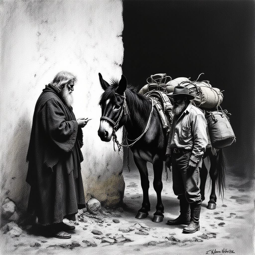 Charcoal Drawing of The Buideach, Tinker, and Black Donkey