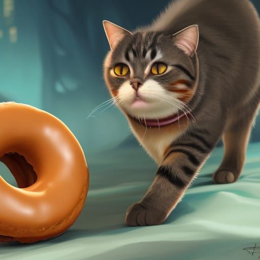 Cat Enjoys Donut in Detailed Fantasy Art