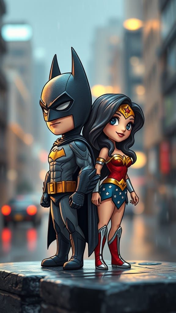 Chibi Superhero Duo in Whimsical Hand-Drawn Cityscape