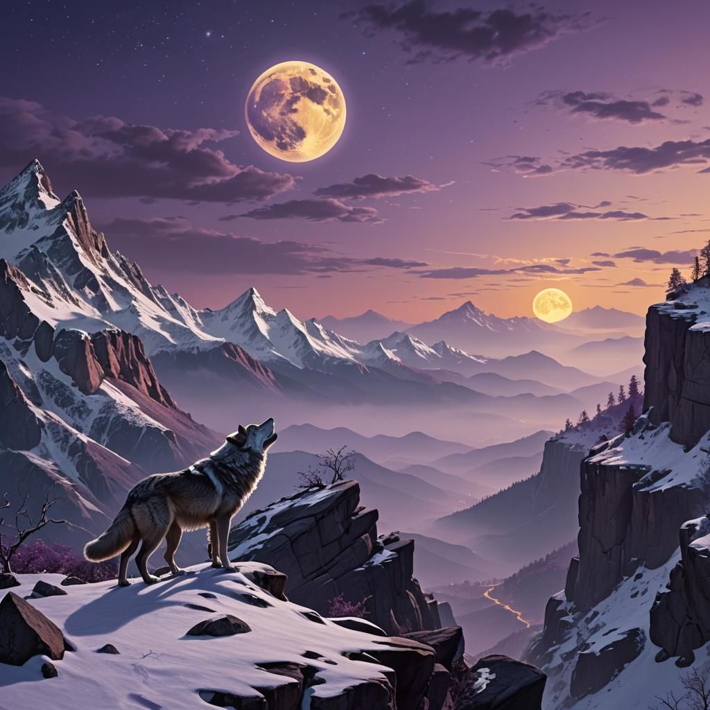 Silver Wolf Howling at Moon in Snowy Landscape